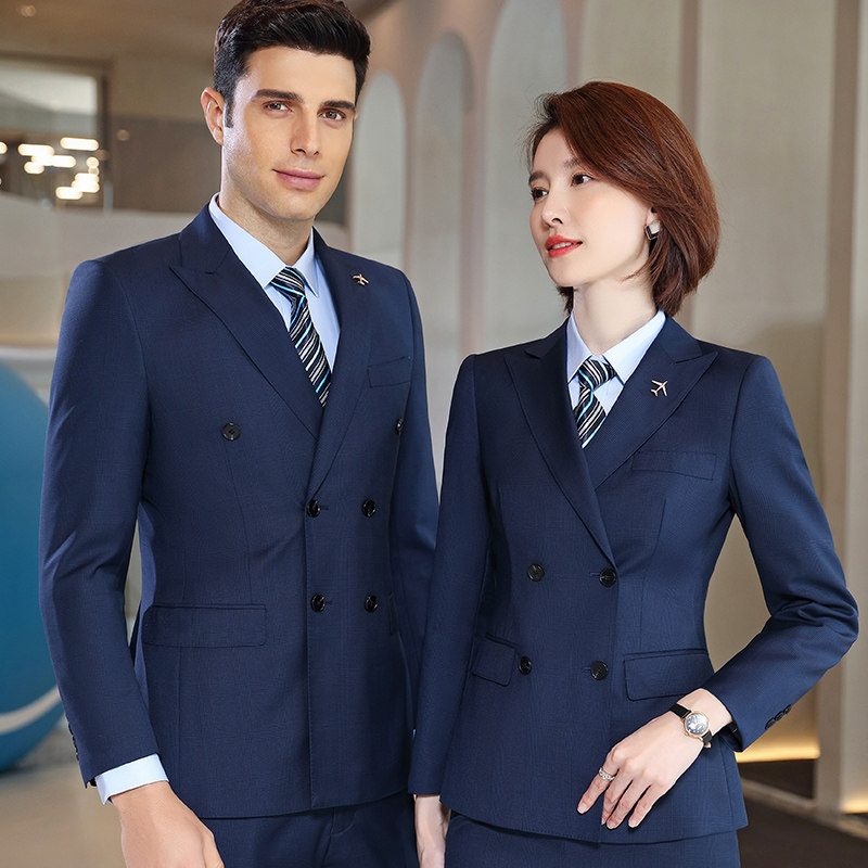 量身定制高档50羊毛西装套装女男格纹双排扣西服经理工作服职业薄