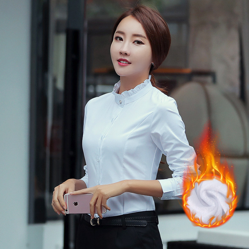 白衬衫女设计感小众秋冬职业装保暖气质加绒加厚长袖工作服衬衣