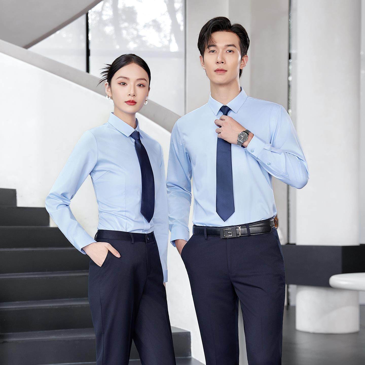 衬衫定制绣logo男女职业工作服套装商务正装长短袖白衬衣4S店工装