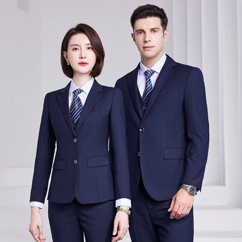 藏青西服套装男女同款商务正装职业工作服4S店售楼部西装马甲工装